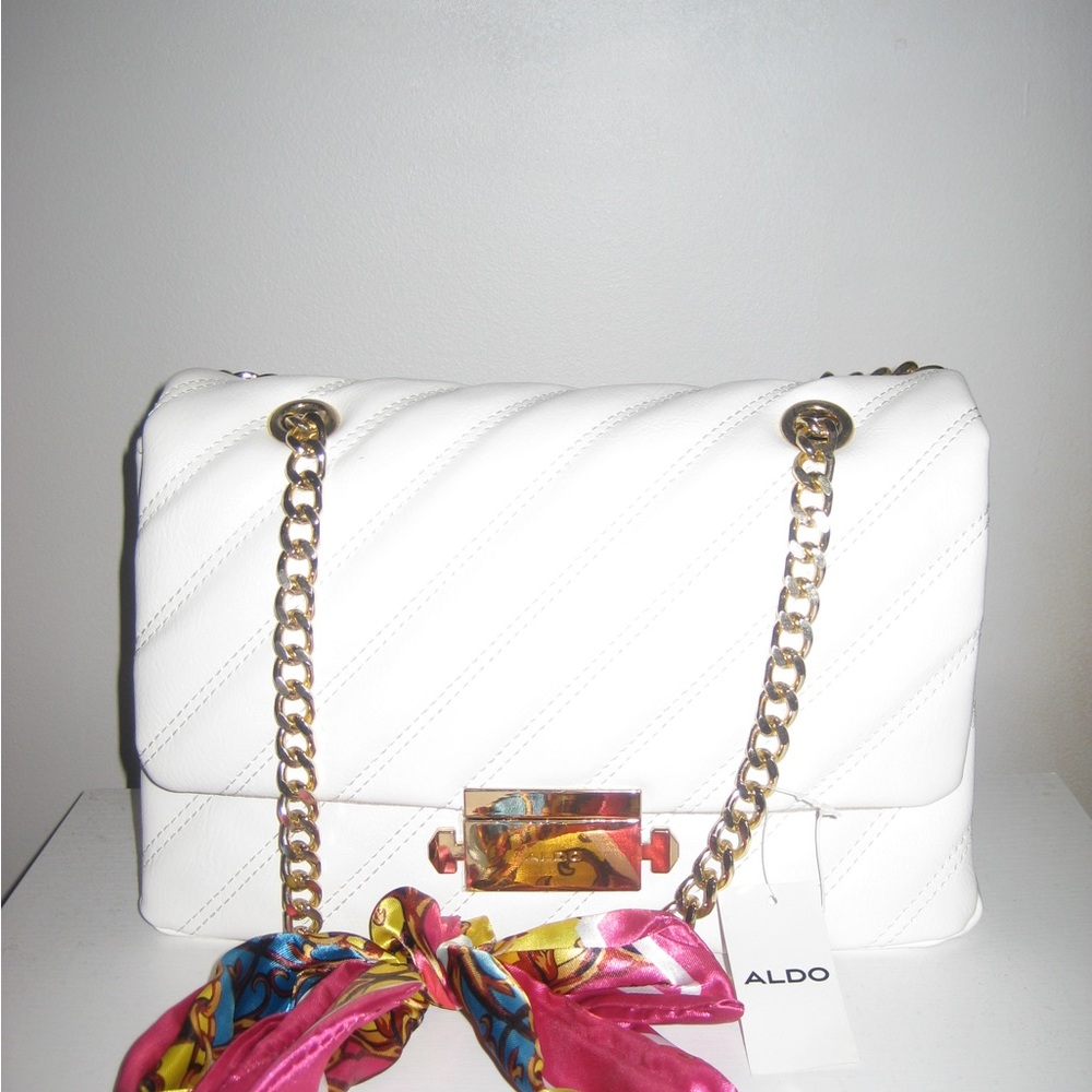 ALDO White Quilted Shoulder Bag with Gold Chain
